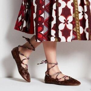 Valentino Brown Leather Bohemian Lace-Up Ballet Flats Shoes